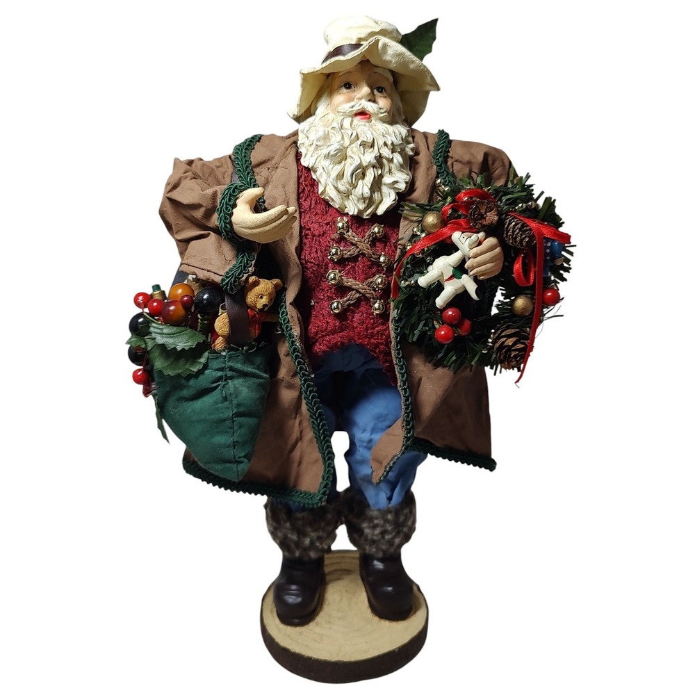 Fabric Mache‎ Santa Claus Figurine Bag Of Toys Wreath Hat Outdoor Clothes 13 In